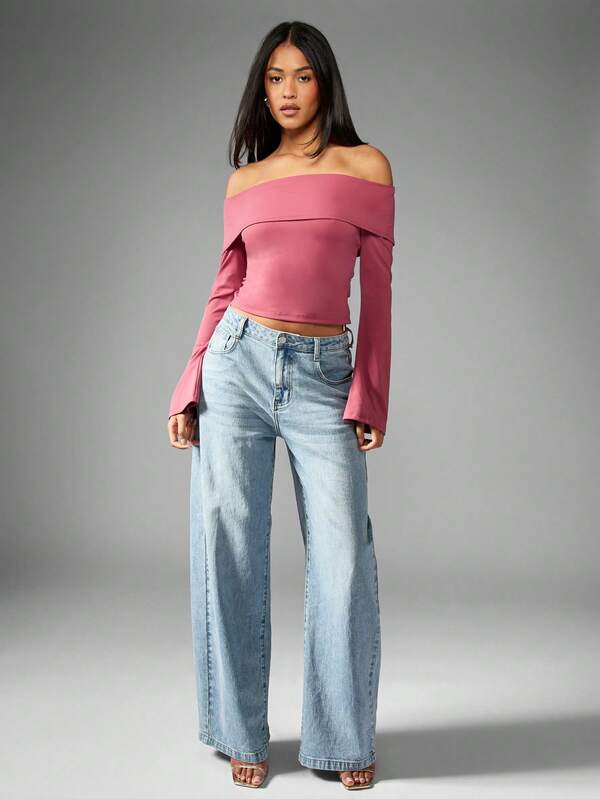 Missguided MISSGUIDED Off Shoulder Long Sleeve Bardot Foldover Neckline Fitted Crop Top
