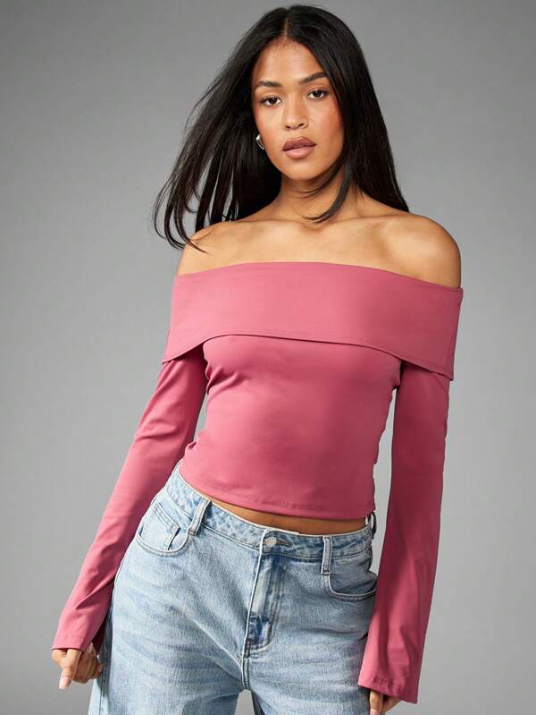 missguided MISSGUIDED Off Shoulder Long Sleeve Bardot Foldover Neckline Fitted Crop Top