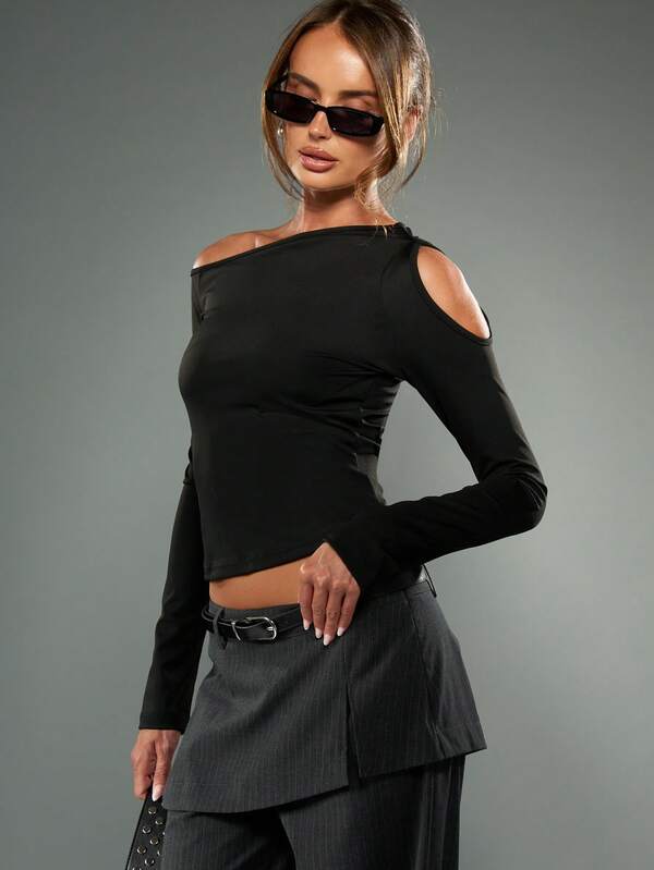 missguided MISSGUIDED Off Shoulder Long Sleeve Crop Top With Cutout