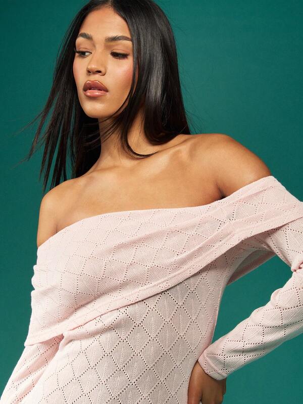Missguided MISSGUIDED Off Shoulder Long Sleeve Diamond Knit Bodycon Mini Dress