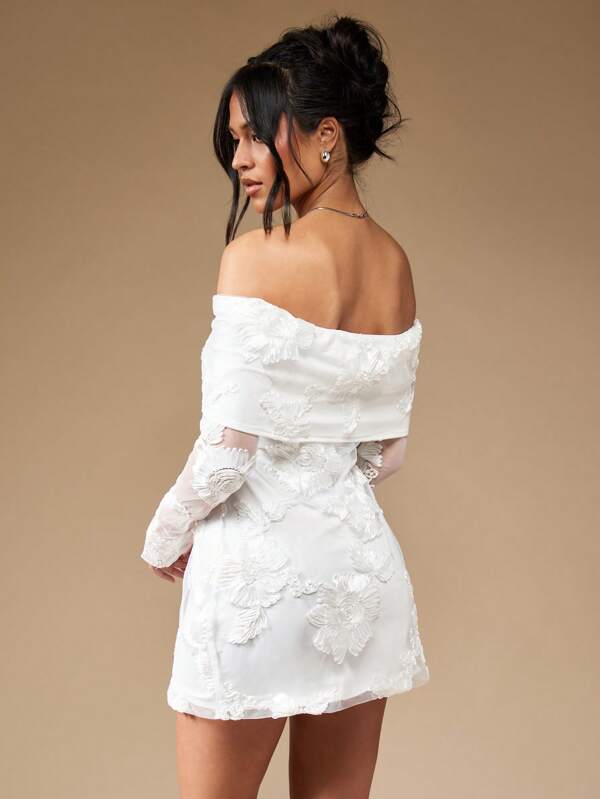 Missguided MISSGUIDED Off Shoulder Long Sleeve Embroidered Embellished Mini Dress