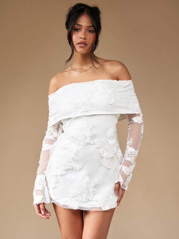 Missguided MISSGUIDED Off Shoulder Long Sleeve Embroidered Embellished Mini Dress