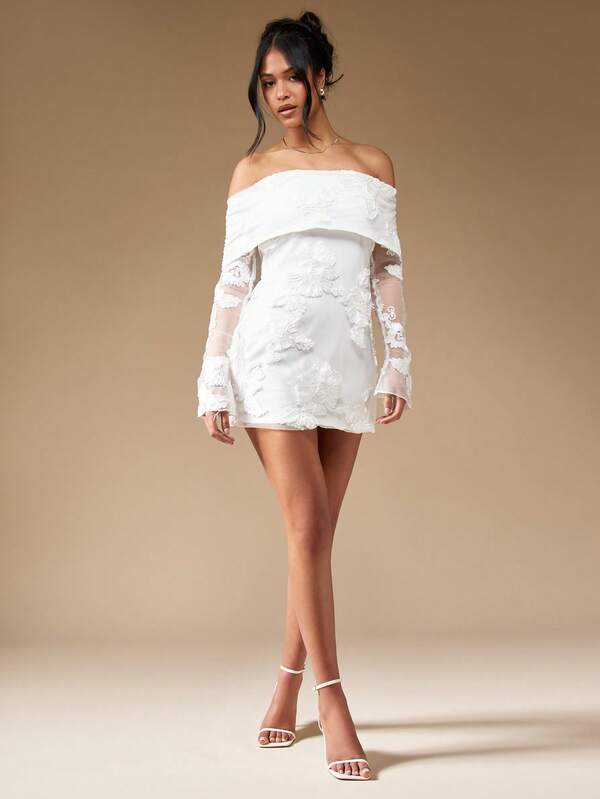 Missguided MISSGUIDED Off Shoulder Long Sleeve Embroidered Embellished Mini Dress