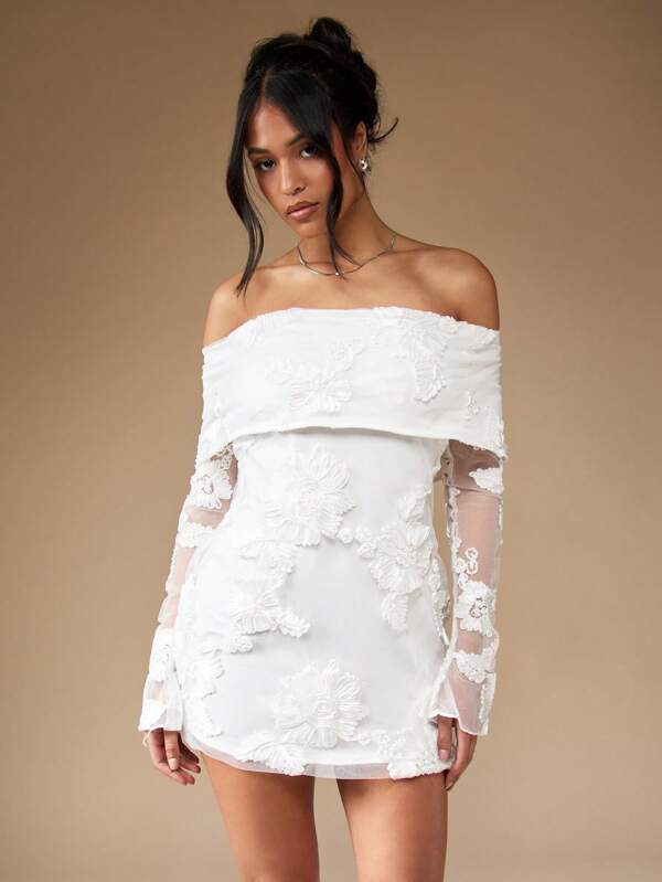 missguided MISSGUIDED Off Shoulder Long Sleeve Embroidered Embellished Mini Dress