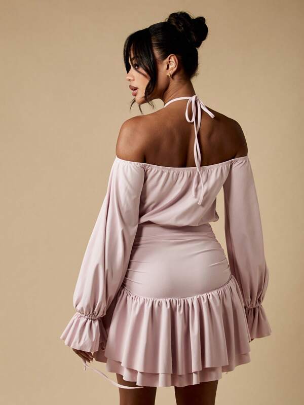 Missguided MISSGUIDED Off Shoulder Long Sleeve Ruched Waist Halter Neck Ruffled Hem Mini Dress