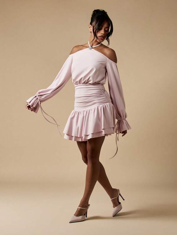 Missguided MISSGUIDED Off Shoulder Long Sleeve Ruched Waist Halter Neck Ruffled Hem Mini Dress