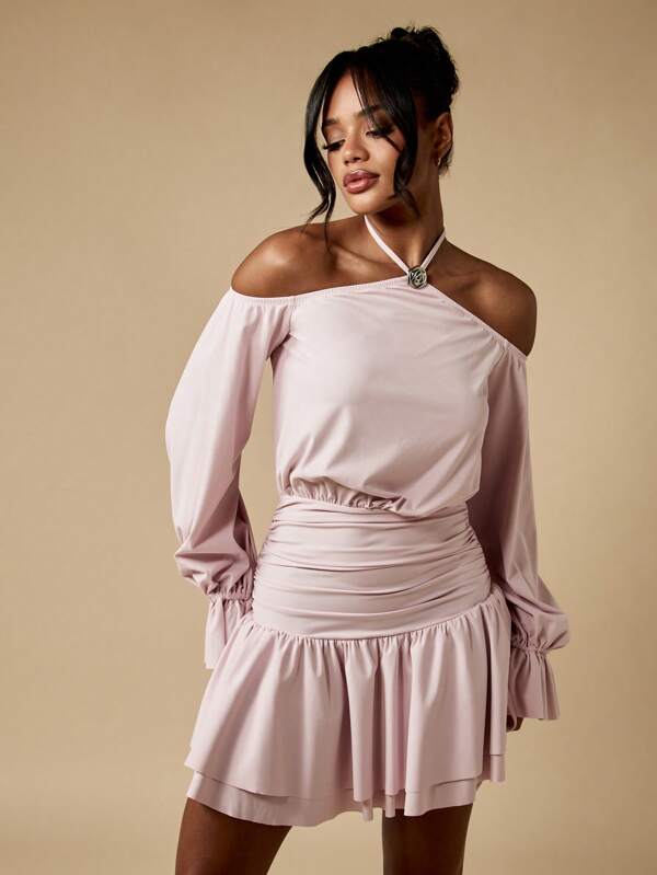 missguided MISSGUIDED Off Shoulder Long Sleeve Ruched Waist Halter Neck Ruffled Hem Mini Dress