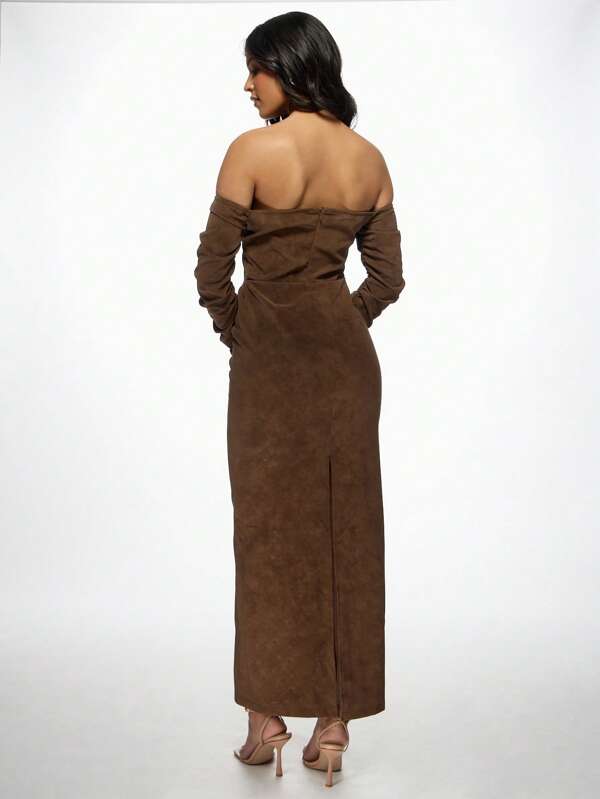 Missguided MISSGUIDED Off-Shoulder Long Sleeve Suede Ruched Corset Detail Maxi Dress