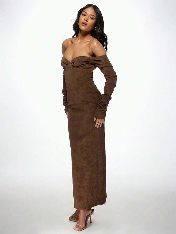 Missguided MISSGUIDED Off-Shoulder Long Sleeve Suede Ruched Corset Detail Maxi Dress