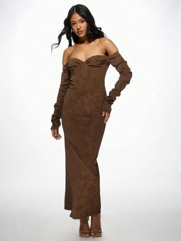 missguided MISSGUIDED Off-Shoulder Long Sleeve Suede Ruched Corset Detail Maxi Dress