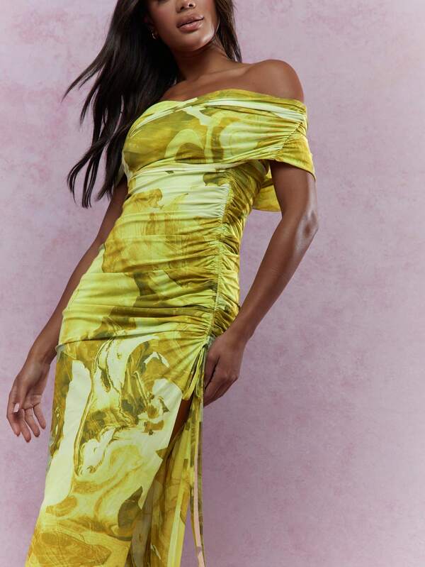 Missguided MISSGUIDED Off Shoulder Marble Print Maxi Dress
