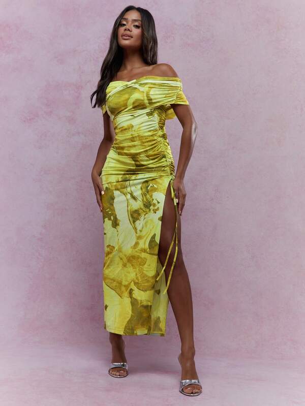 Missguided MISSGUIDED Off Shoulder Marble Print Maxi Dress