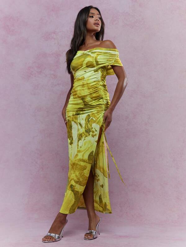 missguided MISSGUIDED Off Shoulder Marble Print Maxi Dress