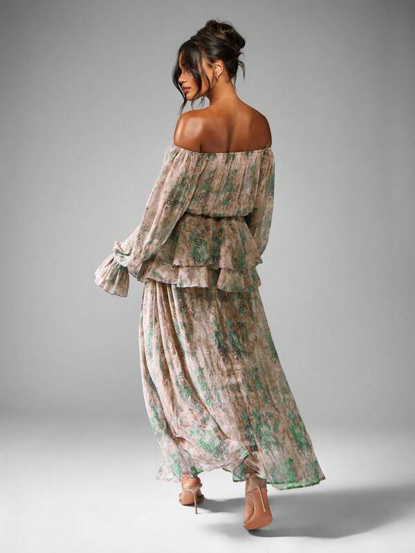 Missguided MISSGUIDED Off Shoulder Maxi Dress With Balloon Sleeves And Ruffles