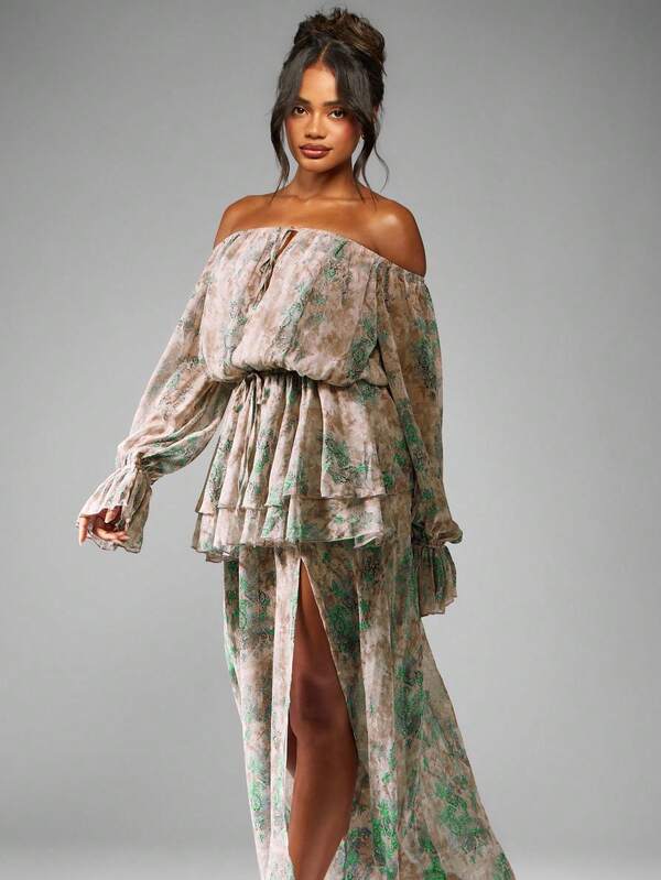 Missguided MISSGUIDED Off Shoulder Maxi Dress With Balloon Sleeves And Ruffles
