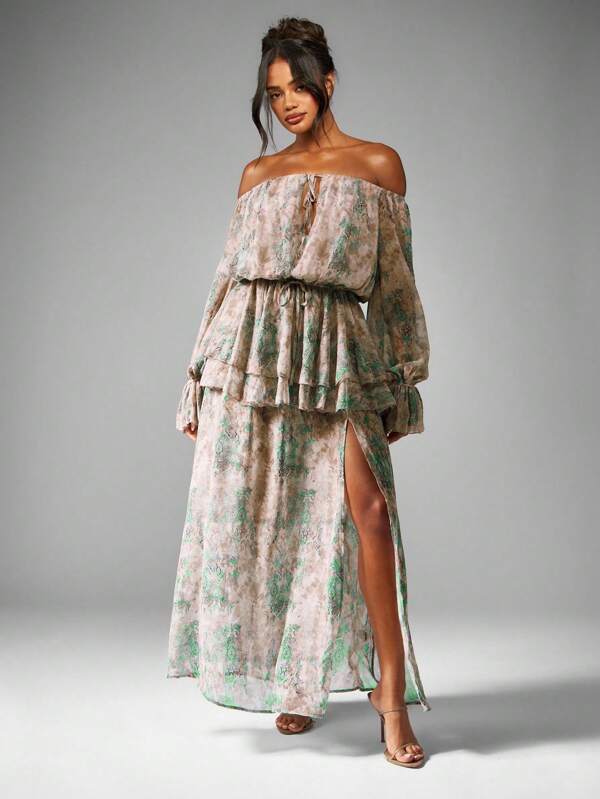 missguided MISSGUIDED Off Shoulder Maxi Dress With Balloon Sleeves And Ruffles