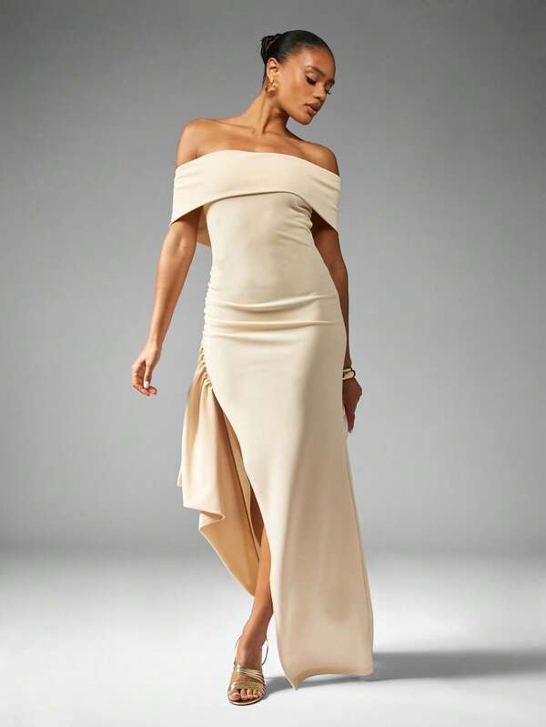 Missguided MISSGUIDED Off Shoulder Maxi Dress With Side Drape Detail