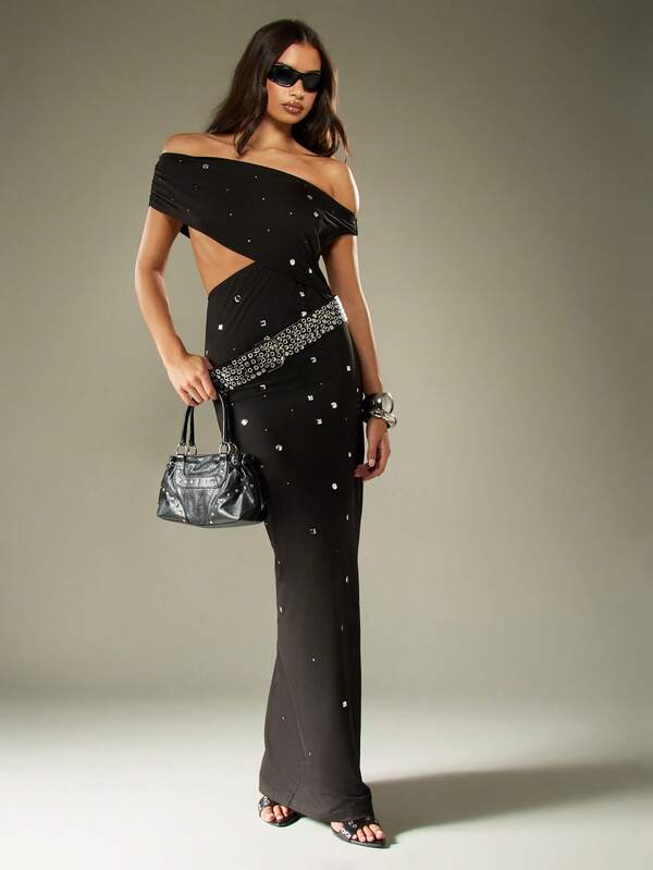 Missguided MISSGUIDED Off Shoulder Maxi Dress With Studded Details
