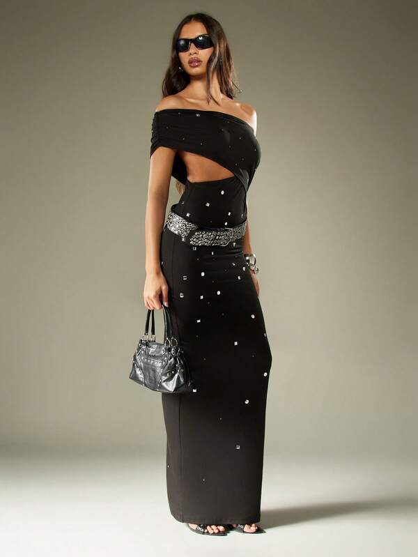 missguided MISSGUIDED Off Shoulder Maxi Dress With Studded Details
