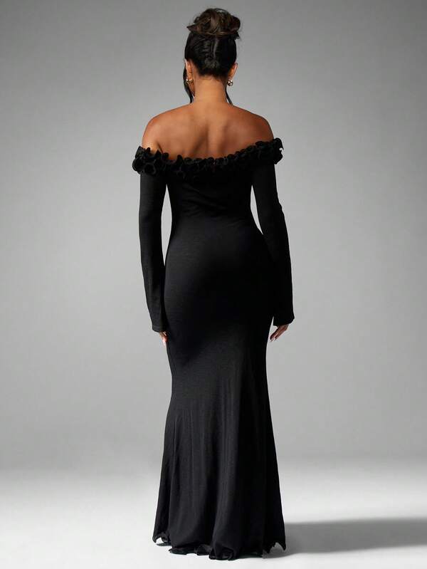 Missguided MISSGUIDED Off Shoulder Mermaid Dress With Ruffle Trim And Long Sleeves