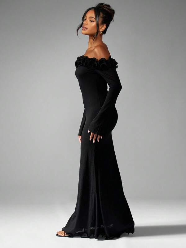 Missguided MISSGUIDED Off Shoulder Mermaid Dress With Ruffle Trim And Long Sleeves