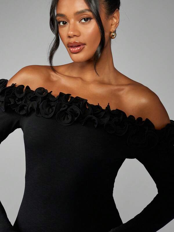 Missguided MISSGUIDED Off Shoulder Mermaid Dress With Ruffle Trim And Long Sleeves