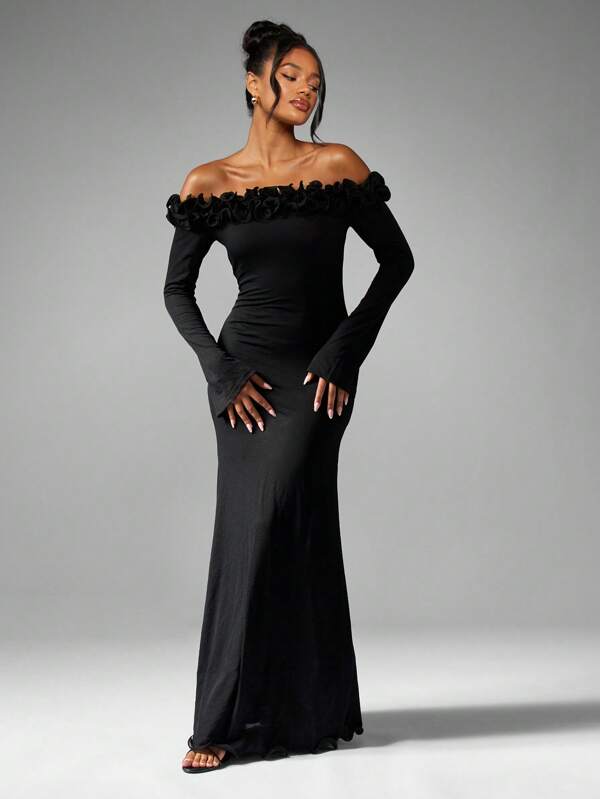 missguided MISSGUIDED Off Shoulder Mermaid Dress With Ruffle Trim And Long Sleeves