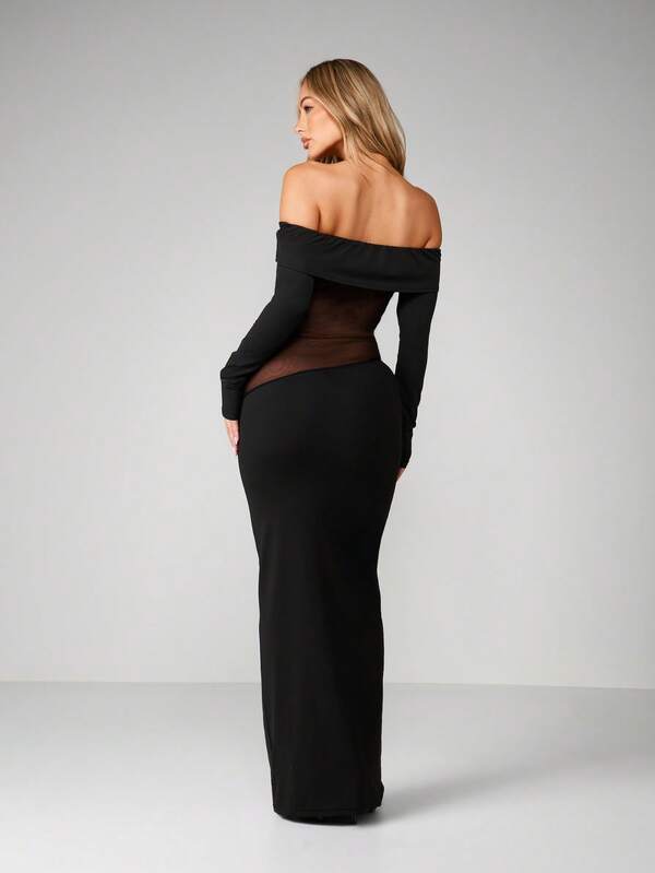 Missguided MISSGUIDED Off Shoulder Mesh Insert Bodycon Maxi Dress