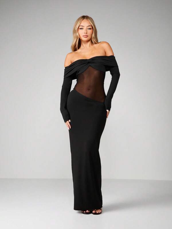 Missguided MISSGUIDED Off Shoulder Mesh Insert Bodycon Maxi Dress