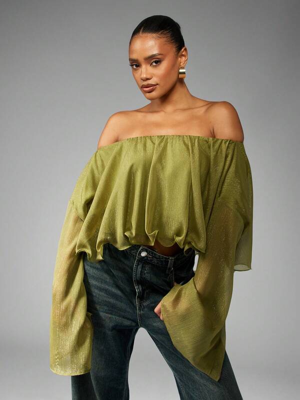 missguided MISSGUIDED Off Shoulder Metallic Blouse With Bell Sleeves