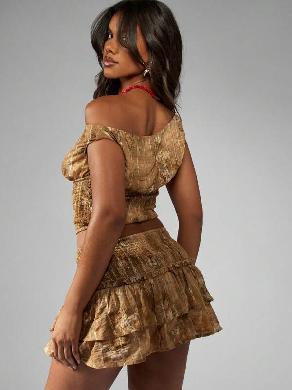 Missguided MISSGUIDED Off-Shoulder Metallic Gold Shimmer Ruffle Mini Skirt Two Piece Set
