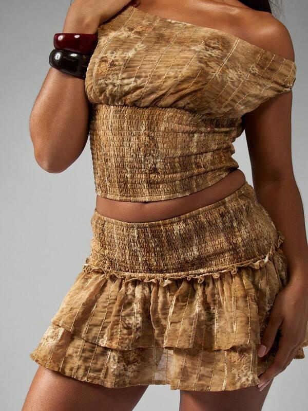 Missguided MISSGUIDED Off-Shoulder Metallic Gold Shimmer Ruffle Mini Skirt Two Piece Set