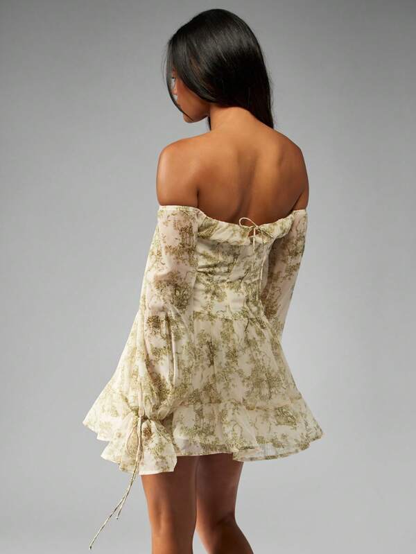 Missguided MISSGUIDED Off Shoulder Milkmaid Corset Style Ruffle Hem Puff Sleeve Mini Dress