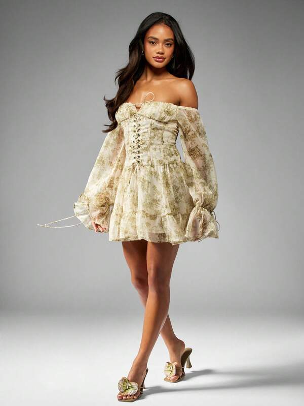 Missguided MISSGUIDED Off Shoulder Milkmaid Corset Style Ruffle Hem Puff Sleeve Mini Dress