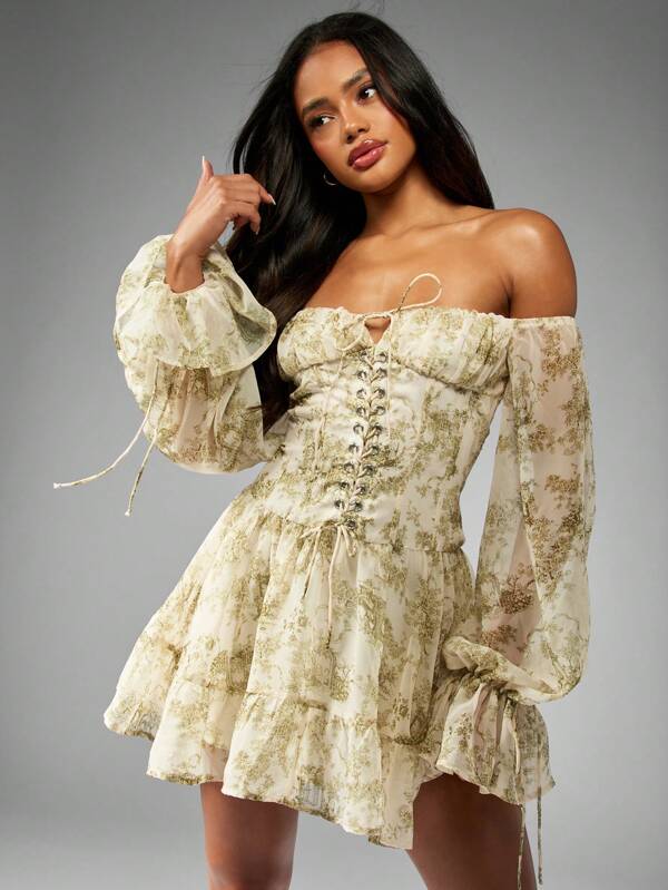 missguided MISSGUIDED Off Shoulder Milkmaid Corset Style Ruffle Hem Puff Sleeve Mini Dress