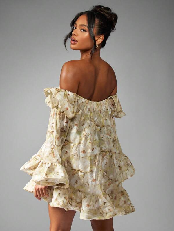 Missguided MISSGUIDED Off Shoulder Mini Dress With Floral Print Ruffle And Bell Sleeves