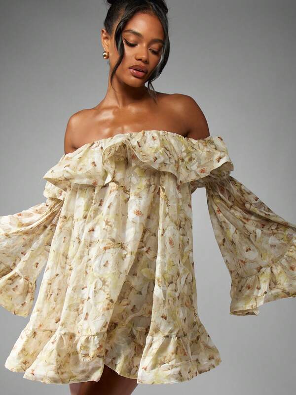 Missguided MISSGUIDED Off Shoulder Mini Dress With Floral Print Ruffle And Bell Sleeves