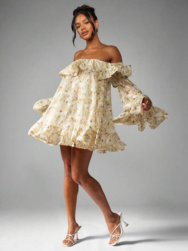 Missguided MISSGUIDED Off Shoulder Mini Dress With Floral Print Ruffle And Bell Sleeves