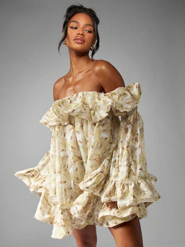 missguided MISSGUIDED Off Shoulder Mini Dress With Floral Print Ruffle And Bell Sleeves