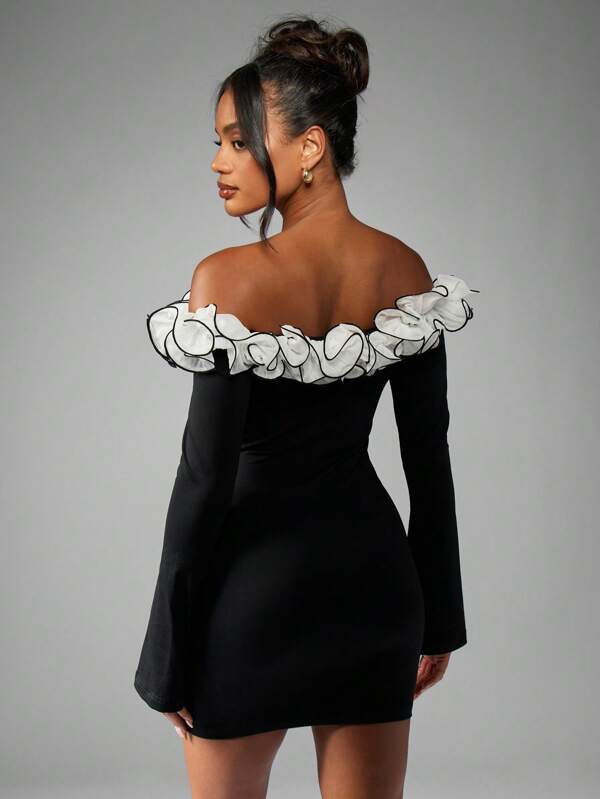 Missguided MISSGUIDED Off Shoulder Mini Dress With Ruffle Trim And Long Sleeves
