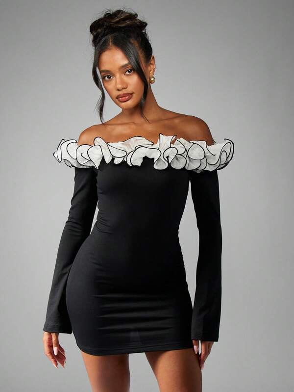 Missguided MISSGUIDED Off Shoulder Mini Dress With Ruffle Trim And Long Sleeves