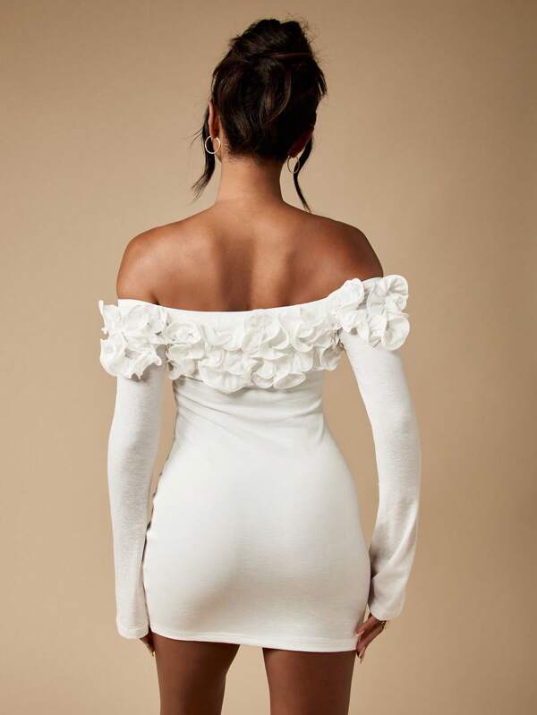 Missguided MISSGUIDED Off Shoulder Mini Dress With Ruffle Trim And Long Sleeves