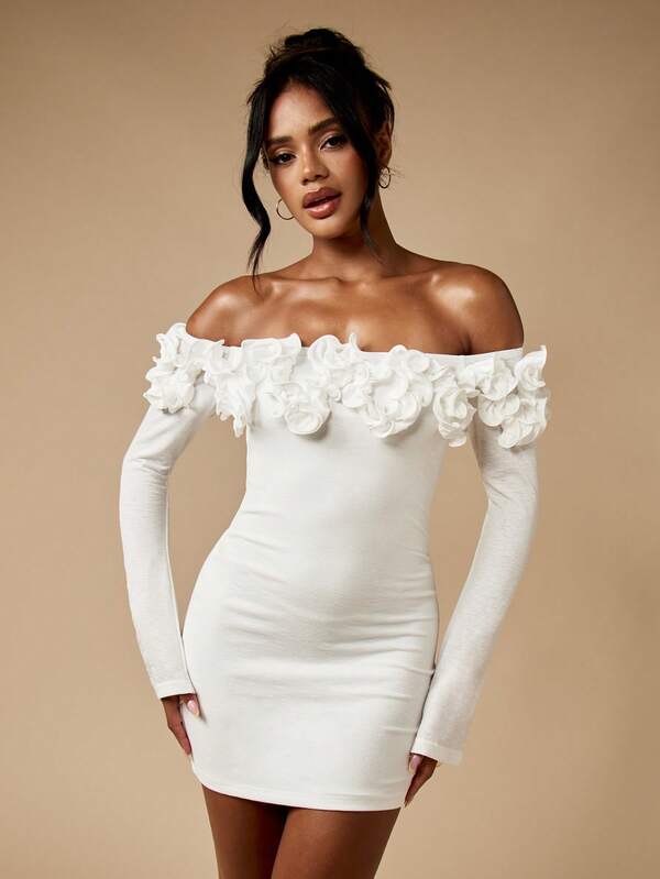 Missguided MISSGUIDED Off Shoulder Mini Dress With Ruffle Trim And Long Sleeves