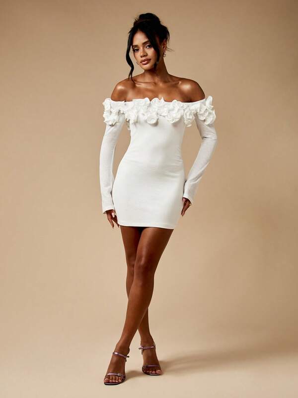 Missguided MISSGUIDED Off Shoulder Mini Dress With Ruffle Trim And Long Sleeves