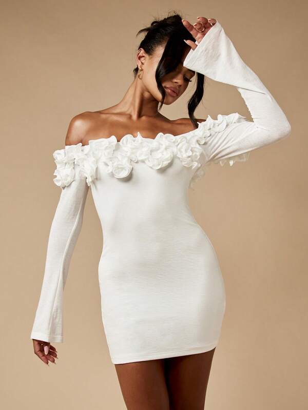 missguided MISSGUIDED Off Shoulder Mini Dress With Ruffle Trim And Long Sleeves