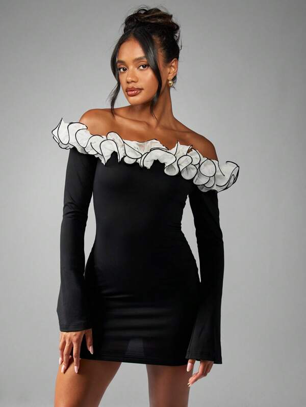 missguided MISSGUIDED Off Shoulder Mini Dress With Ruffle Trim And Long Sleeves