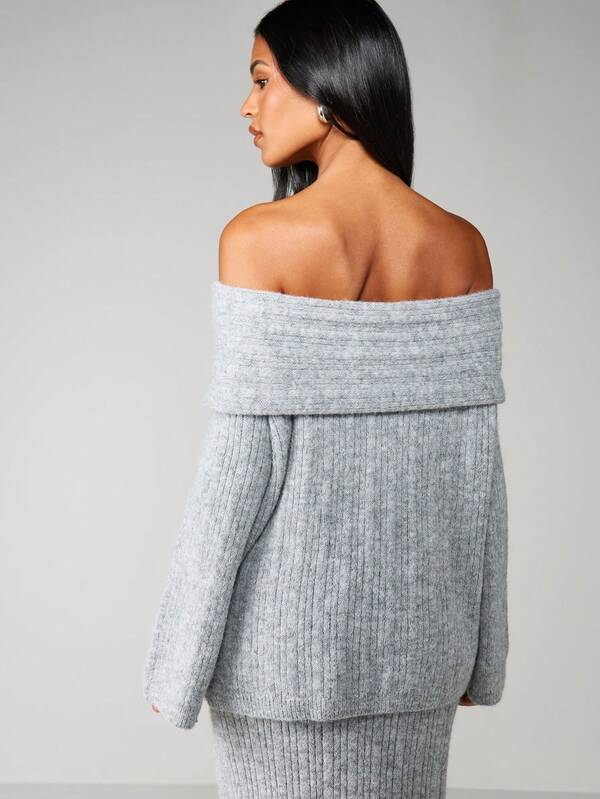 Missguided MISSGUIDED Off Shoulder Oversized Ribbed Knit Sweater