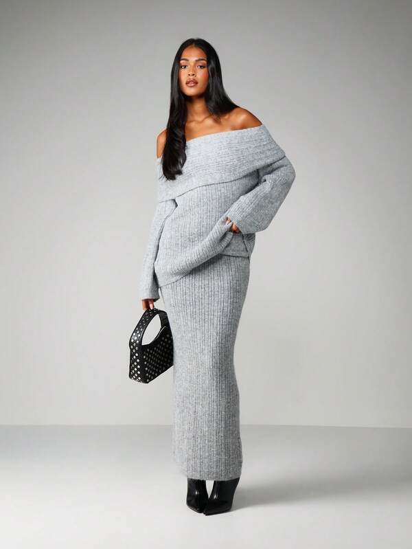 Missguided MISSGUIDED Off Shoulder Oversized Ribbed Knit Sweater