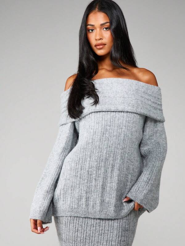 missguided MISSGUIDED Off Shoulder Oversized Ribbed Knit Sweater