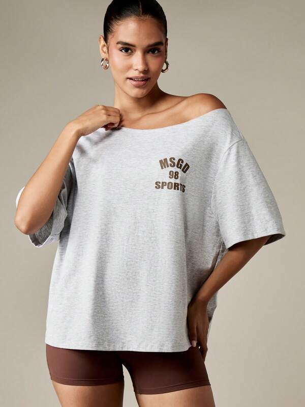 missguided MISSGUIDED Off Shoulder Oversized T-Shirt With Logo Print
